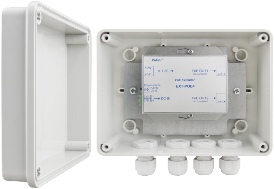 EXTENDER POE (ZEW. 48V) PULSAR EXT-POE4H W OBUDOWIE HERMETYCZNEJ DO 2 KAMER IP